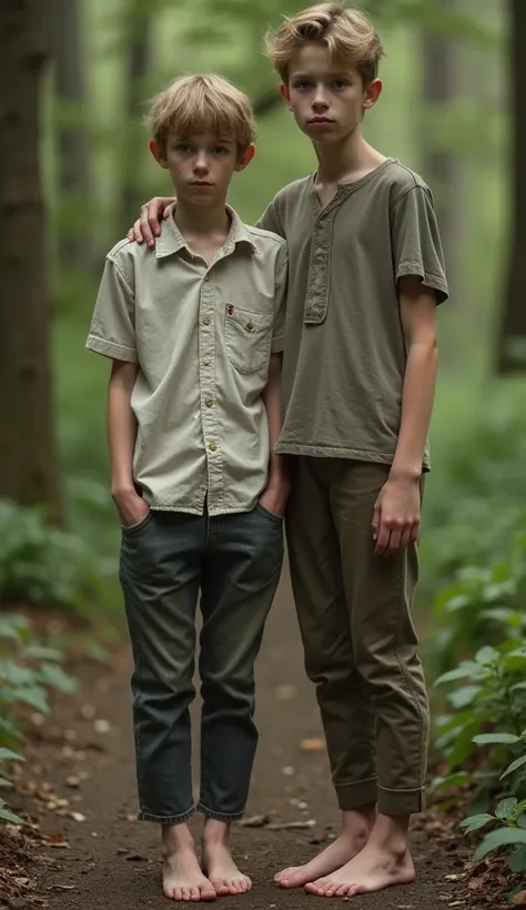 barefoot boy  , 14, anorexic  , thin,    photographers are standing next to each other at full height,  ankle-length pants ,  shirt ,     super realistic  , In the forest, European,    photorealistic  , detailed thin face, as in the photo