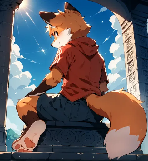 score_9, score_8_up, score_7_up, score_6_up, source_anime, rating_safe, furry male, solo, dagasi_style,, furry, temple, fox boy, sitting, low view, from behind, soles at spectator, showing soles, grinning, paws, 3 toes, barefoot, paws