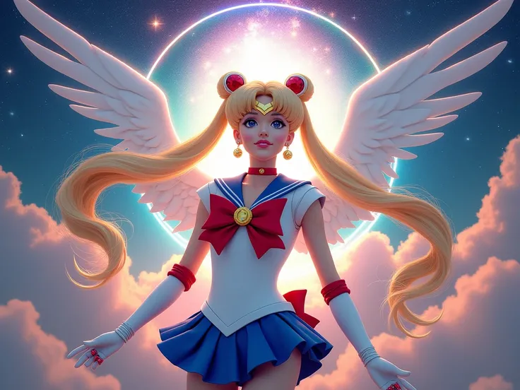 REAL PHOTO, ((((REAL PHOTO)))), Sailor Moon Angel, An immense portal in the sky , with sailor moon floating in the heavens , Cintilant , with hundreds of galaxies on the other side of the portal , rainbow borders of various shades of the electromagnetic sp...