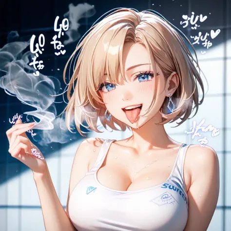  detailed background、 detailed person、 high resolution, 32K,   realistic depiction 、 Masterpiece、 score_9,  score_8_ and ,  score_7_ and ,  score_6_ and ,  mature woman, {{ Super Big Breasts }}, curve,  short hair,  blue eyes,  white shirt,  tank top、( han...