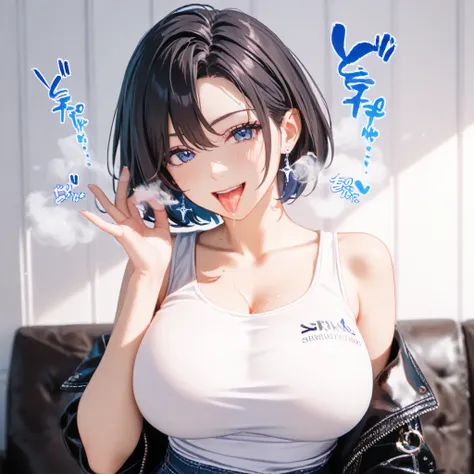  detailed background、 detailed person、 high resolution, 32K,   realistic depiction 、 Masterpiece、 score_9,  score_8_ and ,  score_7_ and ,  score_6_ and ,  mature woman, {{ Super Big Breasts }}, curve,  short hair,  blue eyes,  white shirt,  tank top、( han...