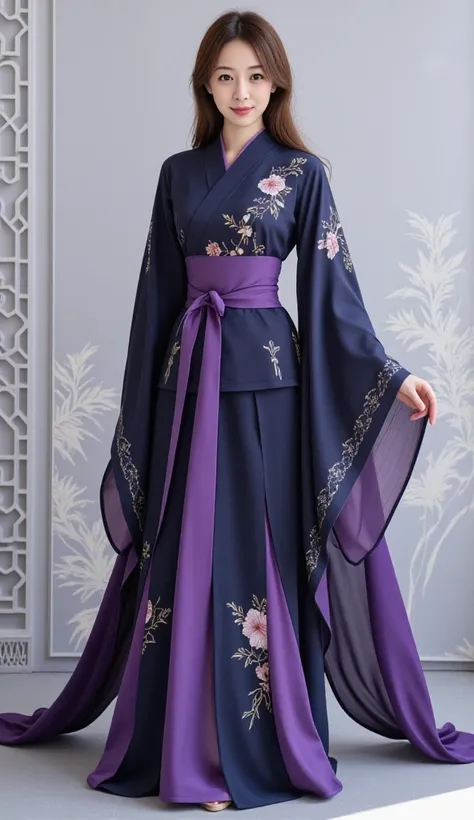 A beautiful woman wearing an elegant traditional outfit inspired by East Asian hanfu style, featuring a deep purple and navy blue color scheme. The outfit has intricate floral patterns and delicate embroidery, with flowing sleeves and a layered design. A l...