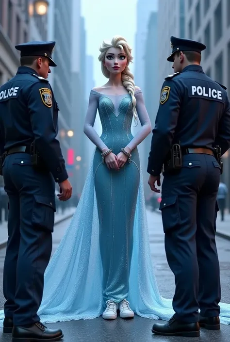 Frozen Elsa with white sneakers hands behind and get handcuff by the police 