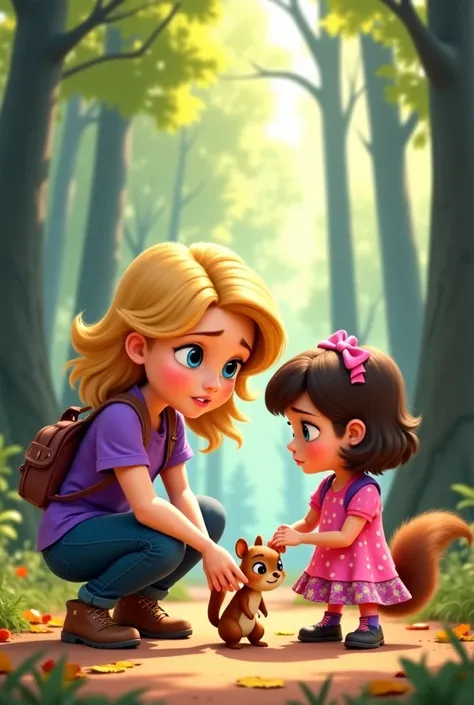 Create a cartoon scene using the following characteristics, Laura (girl, 1.20m tall and 30kg, blonde hair just below her shoulders, blue eyes and fair skin) She is wearing a purple adventure t-shirt, comfortable pants and boots, and a small backpack on her...