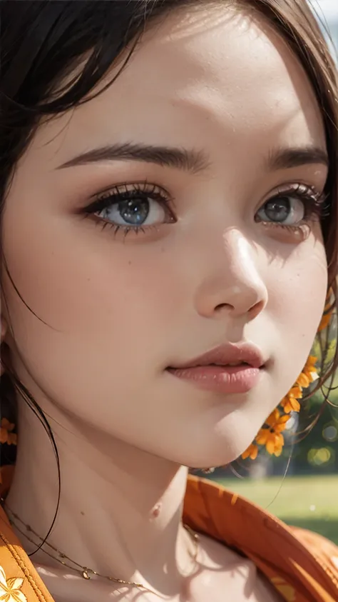 woman, In the park,  sunny day, Orange Summer Dress, born,  super high resolution, 8k, ( close-up:1.1), head,  highly detailed faces at a pachinko parlor, Amazing eyes