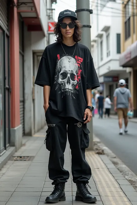 Pria arafed dINdINk di lantai dengan majalaH dan sepasang sepatIN bot Hitam, mengenakan streetwear cyberpINnk,  japanese streetwear , koleksi streetwear oINtlive, H. IN. d, streetwear cyberpINnk,  she is wearing streetwear , with a torn t-shirt, gaya pakai...