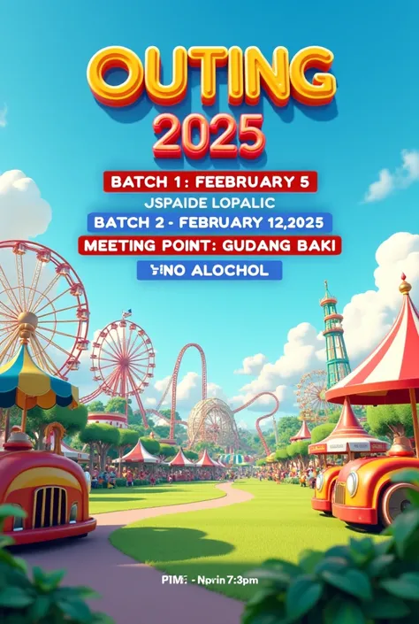 "A vibrant 3D animated design featuring the text 'OUTING 2025' in bold, colorful letters at the top. Below it, additional text in a clear, stylish font: 'BATCH 1: FEBRUARY 5, 2025', 'BATCH 2: FEBRUARY 12, 2025', 'MEETING POINT: GUDANG BAKI', 'TIME: 07:00',...