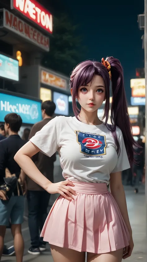  a girl, 20 years, young(innocent_big_eyes:1.0),(luz_ smile:0.3), side ponytail t-shirts,  hair ornament ,(purple hair), blurred background, official art, extremely detailed CG Unity 8k wallpaper,  Perfect lighting,colorful,  round_forehead_rostro_luzing, ...