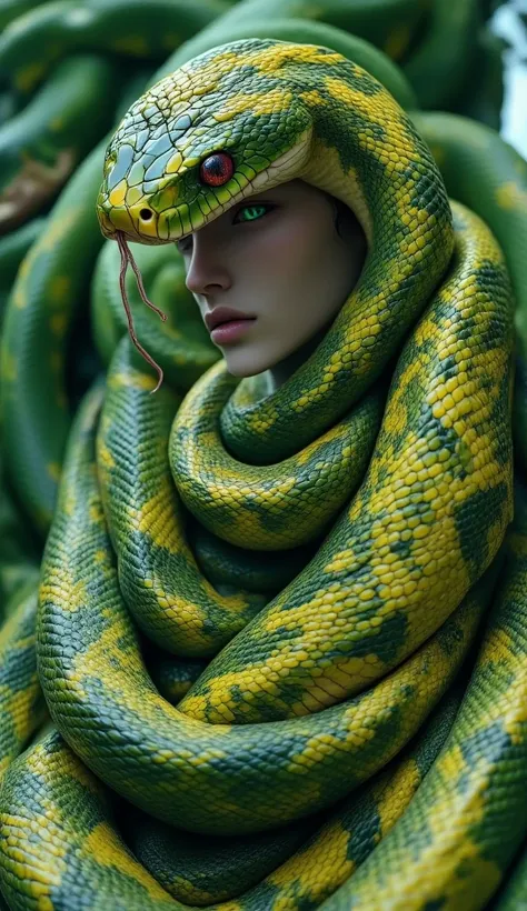 snakeart, Latex, Green, Box braids, Divine, Sweater, Dawn light, Button nose, Tiger stripes, Quantum shorts, Alien world