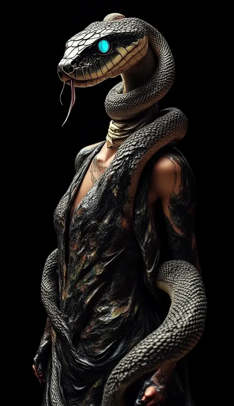 snakeart, Black, Front view, Cybernetic mesh, Midi skirt, Quantum vest, Top knot