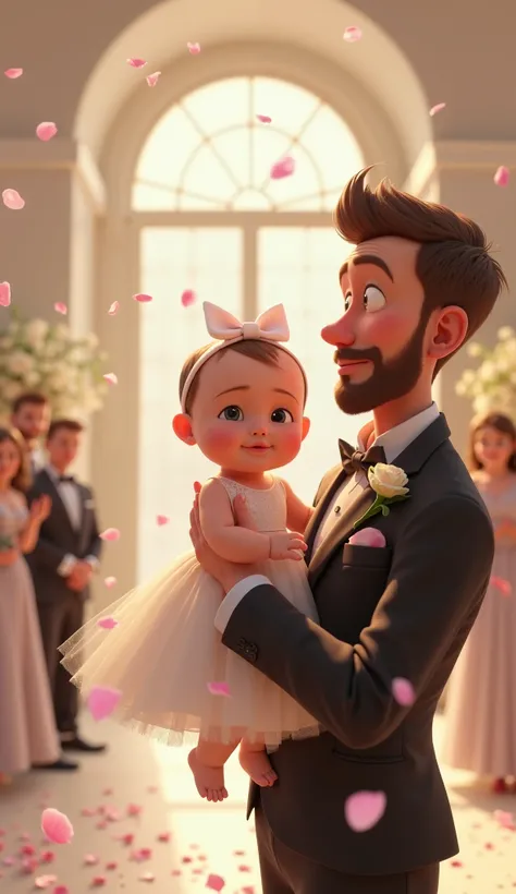 A very clear ultra hd animated image of " A father holding a baby girl in a wedding setting, awkwardly trying to sprinkle flower petals while guests look confused. The baby is about 11 months old, she looks uninterested. The dramatic wedding scene in the b...