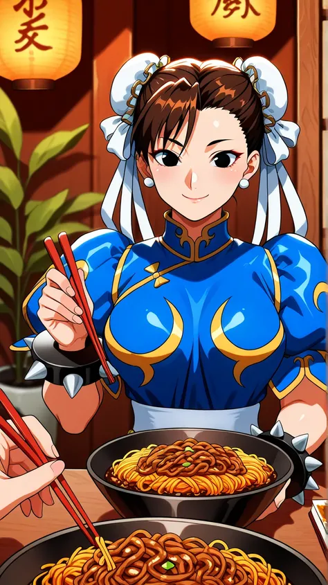 Here is the version adjusted for another cozy setting, with Mai Shiranui out of frame:

"Cozy scene in a Japanese themed cafe, Chun-li (Street Fighter) sitting alone at a rustic wooden table,  holding a black bowl with gold ornaments in her left hand and o...