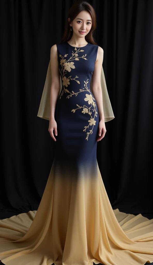 A stunning asian woman wearing an elegant, form-fitting gown inspired by traditional and modern fusion design. The dress features a deep navy blue base with golden floral embroidery, depicting delicate branches and blossoms. The gown transitions into a sof...