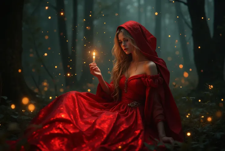 (( RAW Photo), absurd, close up, golden blonde girl very beautiful and with a sexy and mysterious touch of Little Red Riding Hood like for a ren's story, her red costume shines as if she were a FAIRY , general plan full body ( absurd resolution)), ma...