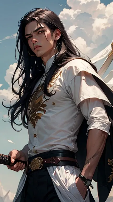  Create an illustration of a man with long black hair and white clothes,  with a long sword , soltando smoke preta pela boca, inspired by the character Vasher from the book Warbreaker, Where do you represent the magic of the literary universe called breath...