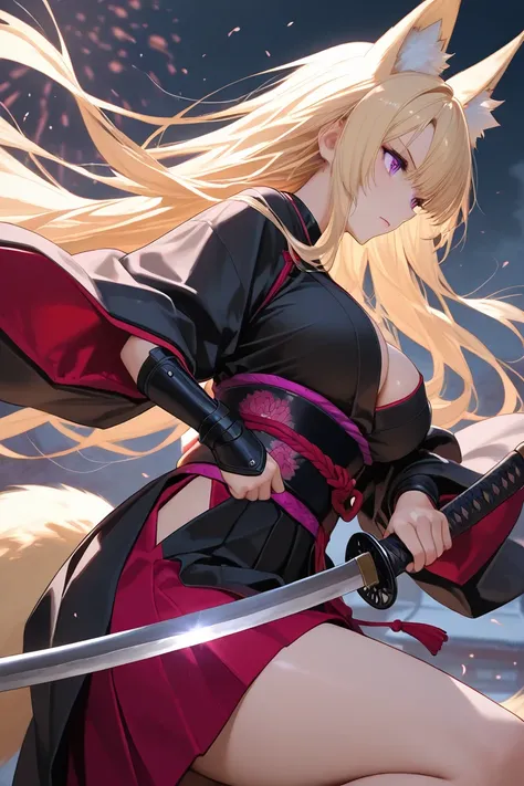 fox girl,purple eyes,blond long hair,black Japanese kimono, fox tail, katana,combat,sexy