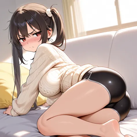 1girl, High Resolution, pigtails, short, cream sweater, nice butt, from the side, tight shorts, blush, annoyed, annoyed expression, no shoes, no socks, big breast