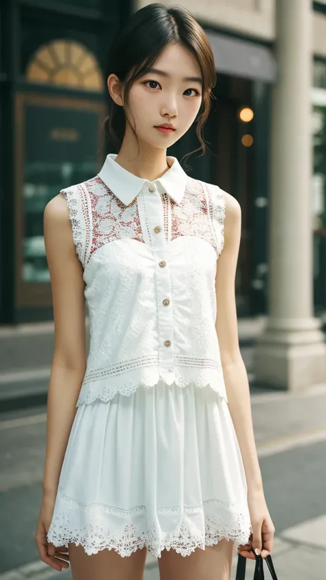 masterpiece, Best Quality, Raw photo, absurderes, award winning photo, full body, Solo, Beautiful Girl, 19 year old, 8K, Looking at Viewer, Digital SLR, richly colored, natural, Candid, white elegance eyelet ruffle sleeveless shirt, Sophisticated, zora々Rig...