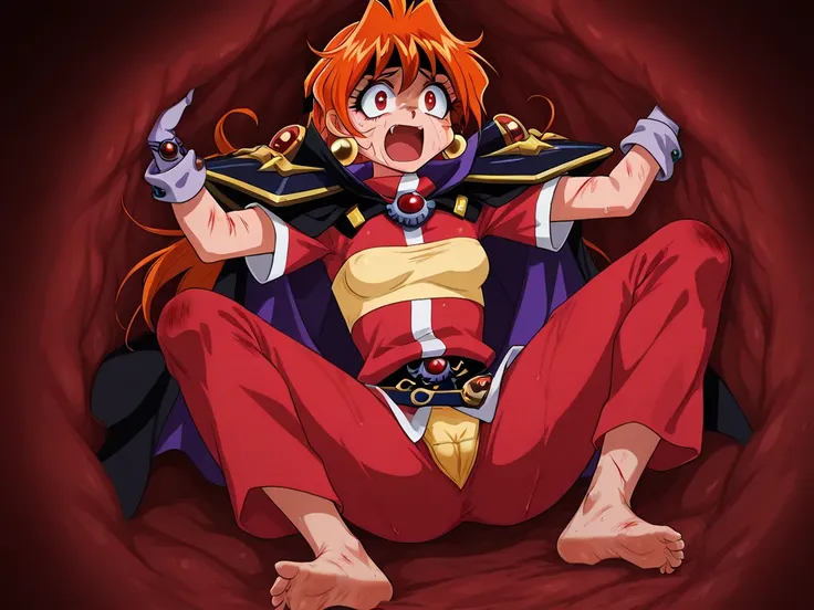 1girl, solo, (lina inverse, 1girl, orange hair, big eyes, red eyes, fang,
earrings, jewelry, gloves, headband, yellow chest protector, red shirt, black shoulder armor, cape,red pants, belt, yellow underwear on pants,),, obra maestra, mejor calidad, alta re...