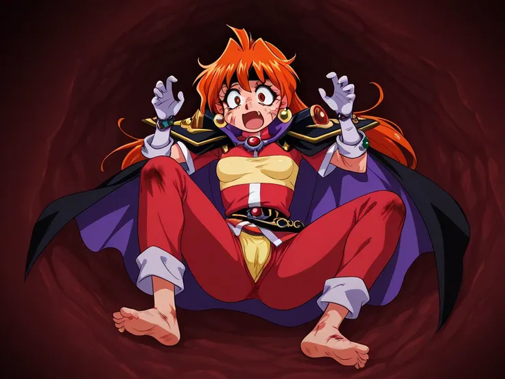 1girl, solo, (lina inverse, 1girl, orange hair, big eyes, red eyes, fang,
earrings, jewelry, gloves, headband, yellow chest protector, red shirt, black shoulder armor, cape,red pants, belt, yellow underwear on pants,),, obra maestra, mejor calidad, alta re...