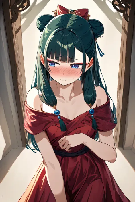 NSFW, Masterpiece, top quality, high resolution, very detailed,maomao、 long hair、bangs、 blue eyes、 hair ornament、 green hair、鈍いbangs, eyeliner, lip gloss, bun hair、 single bun,High-quality dress, off the shoulder ,Embarrassed,blush,Brothel