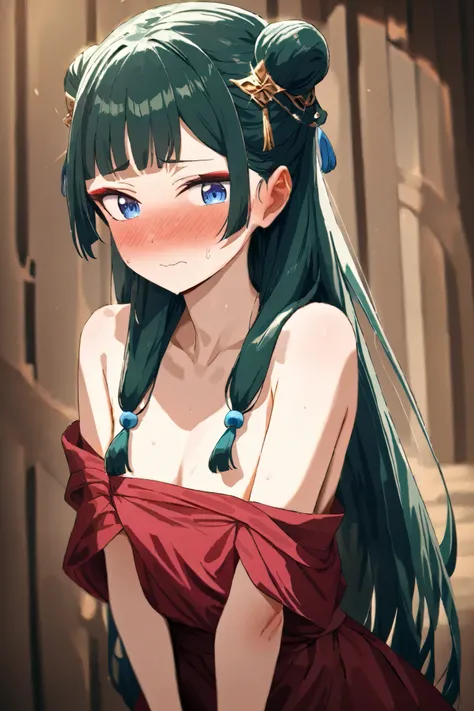 NSFW, Masterpiece, top quality, high resolution, very detailed,maomao、 long hair、bangs、 blue eyes、 hair ornament、 green hair、鈍いbangs, eyeliner, lip gloss, bun hair、 single bun,High-quality dress, off the shoulder ,Embarrassed,blush,Brothel