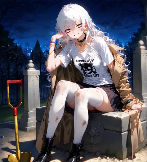  cemetery ,  night, luz de luna, 1girl, Alone, ( tall details ), ( Long hair,  white hair,  wavy hair, messy hair),  small breasts, (black trench coat), ( loose white t-shirt ), dirty and broken t-shirt ,  dirty black skirt ,  white stockings, black boots,...