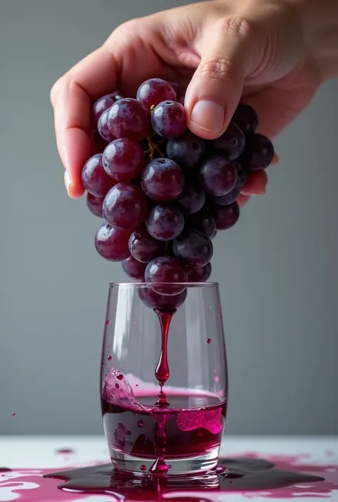 Hand squeezes black grapes with lots of juice and the liquid falls into a glass