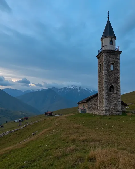 A small mosque made of unpretentious stone at the foot of Kaçkar mountain and a few highland shacks nearby,  lights shine on the lush plateau , the asphalt road passes by, in the lush highlands,  grasses short , no trees ,  Black Sea climate , ((  Ovit val...