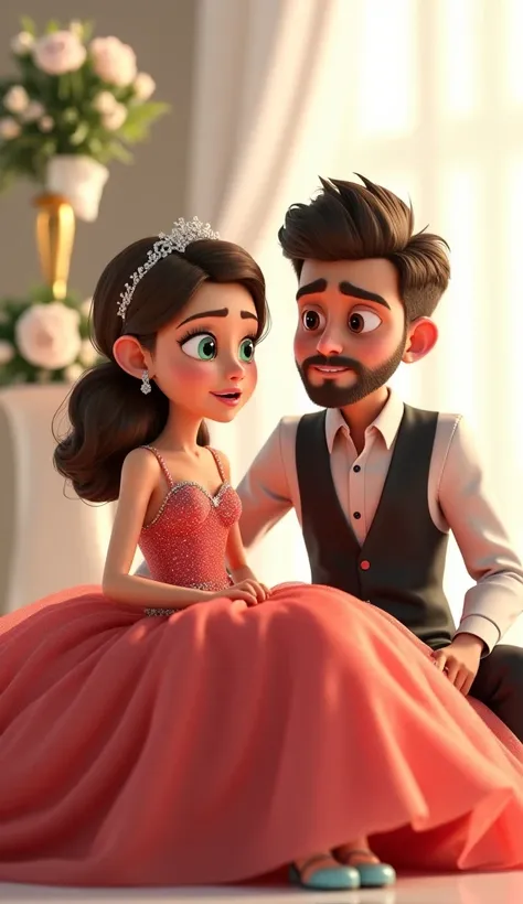 A very clear ultra hd animated image of " The bride looking frustrated while sitting with her fiance, shaking her head as they discuss wedding plans. A closed wedding planner rests on the table. The bride is A young girl about 20 with large, expressive gre...