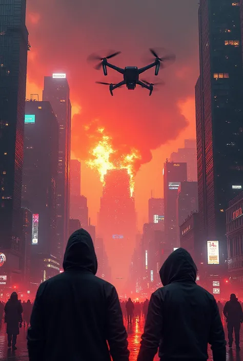  Cyberpunk City on Fire – A futuristic metropolis full of neon, with giant skyscrapers and drones flying through the night sky. On the horizon, a colossal fire engulfs a building as hooded figures watch from the shadows.