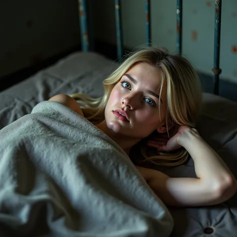 Portrait. A slim blonde petite 25-year-old woman . She has straight half-long hair. She has a slim slim face with high cheekbones. She is lying on her back on an old rusty gray metal mattress in an abandoned room. Her upper body is covered with a thin, dir...