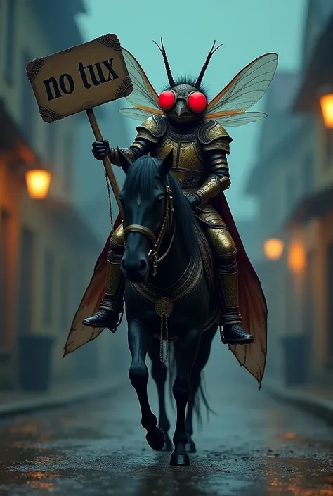 Image of a midge with glowing red eyes wearing rider's armor while riding a black horse at night in a small town.  In his left hand he holds a sign with the inscription NO TUX