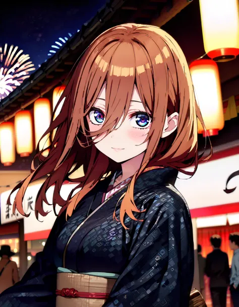 Nakano Future, Alone, long hair, bangs, blue eyes, brown hair, long hair, bangs, blue eyes, brown hair, hair between eyes ,smile,blush, legs ,Blue flower pattern kimono, side lock , long skirt ,日本のfestival,夏festivalの屋台, red lanterns,Fireworks in the ...