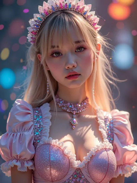 real photograph, Glittering and bright portraits, (masterpiece), (highest quality), (Super detailed), (shape), (one japanese girl), Pretty face like an idol, (a frill and jewelry glitter multicolored maid uniform fully made from geometric prisms ), big bre...