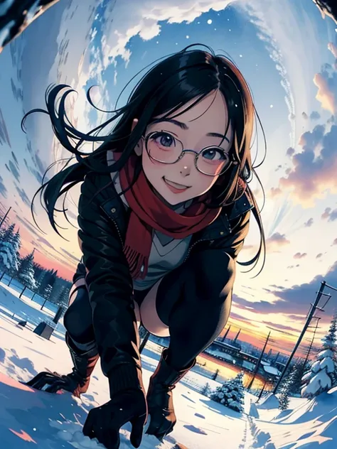  Masterpiece，    high resolution，(   cute sow     ， Flat shade    )，    person with stylish glasses   ，      beautiful black hair  ，    fisheye lens  ， cute young mother and cute daughter     person looking down on the winter city from the park garden     ...