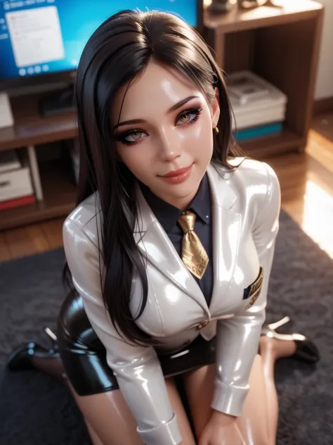  1 girl, Is sitting at the television in the apartment,  long hair,  black hair , In extremely tight shiny white gold latex office suit,  lens reflection ,  reflecting light,  high resolution,  masterpiece, saliva,salivafluss,salivaspur,  very strong shiny...