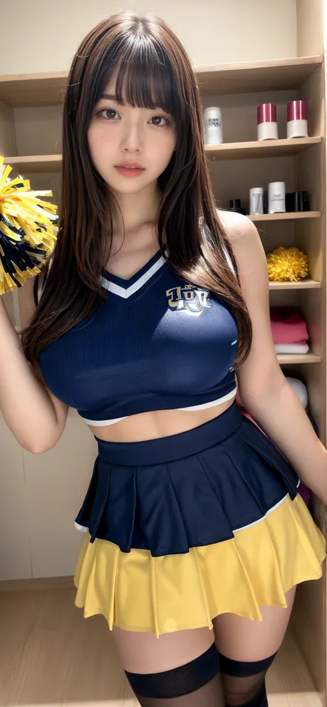 masterpiece,  top quality ,  illustrations,  super detailed ,  Details,  high res, 8k,wallpaper,  perfect dynamic configuration,(Detailed and high quality,  realistic depiction of eyes kissed in the changing room:1.3),  standing, BREAK (cheerleader uniform...