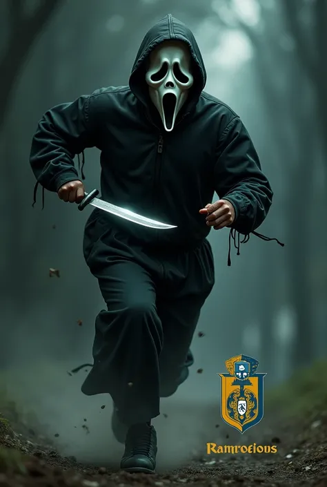 Make an image of Ghostface running with a knife in your hand, And next to him the symbol of the Corinthians soccer team 