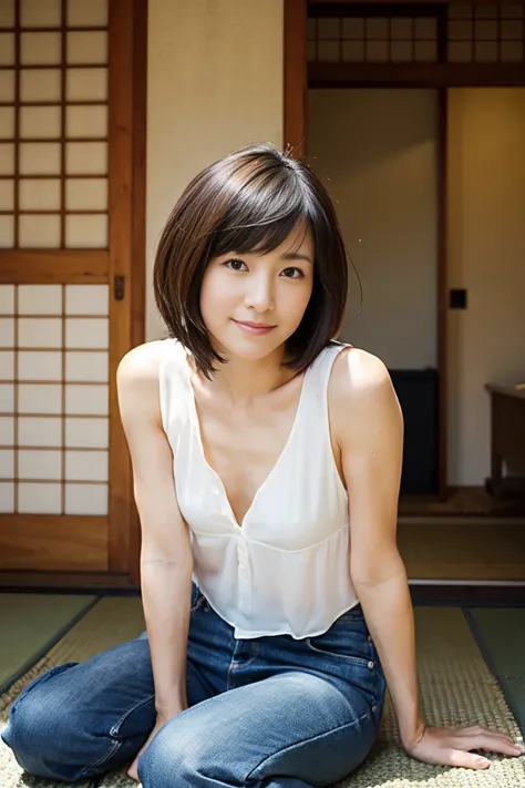 Small breasts, 40 year old woman, short black hair, Japanese woman, beautiful skin, standing, not sitting, very beautiful.