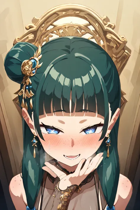 NSFW, Masterpiece, top quality, high resolution, very detailed,maomao、 long hair、bangs、 blue eyes、 hair ornament、 green hair、鈍いbangs、Freckles、 bun hair、 single bun,Prostitute,blush, fine see-through lingerie,Prostitute,(Ecstasy face:1.5)