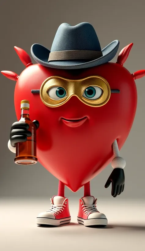 animated red heart with white feet and PINK shoes, white hands and black gloves, THEY WEAR A GOLD-COLORED MASK ON THEIR EYES, wearing a GOLD-COLORED denim hat and holding a BOTTLE in one hand