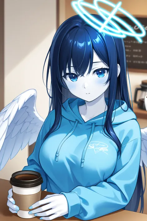  beautiful breasts、woman、 LONG FEATHER KITTEN、  Angel Wings  、   long dark blue hair、 eyes are blue like deep sea  、zitoida   、      HD  、 Super Fine、、   white skin、  facing the front、Straight face、、 loose hoodie 、 drinking coffee、Cafe