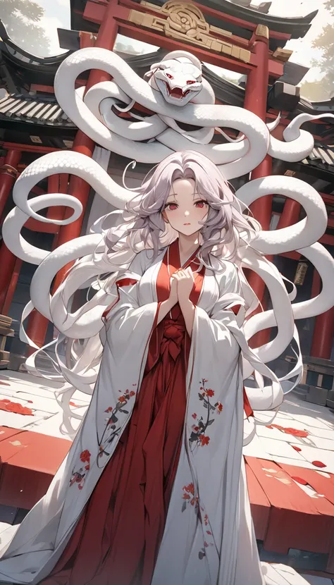 In the serene setting of a shrine a beautiful Medusa with flowing white snake hair stands gracefully, Her hair composed of countless fine white snakes sways elegantly some of the snake heads intertwining with her body, She is draped in a real white snake r...