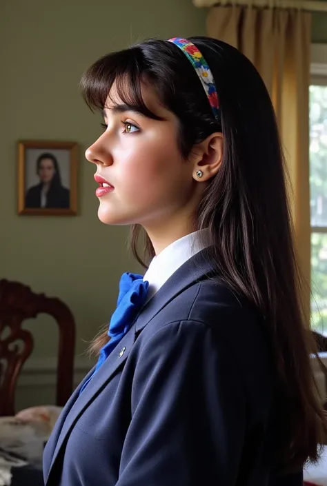 (masterpiece, best quality:1.5), 
1girl, Alone,
waist shot, from the side view, her beautiful profile.,
she closed her eyes., 
She is slightly looking up and her glossy lips sensually opened.,
she wears a tidy dark blue blazer school uniform and white shir...