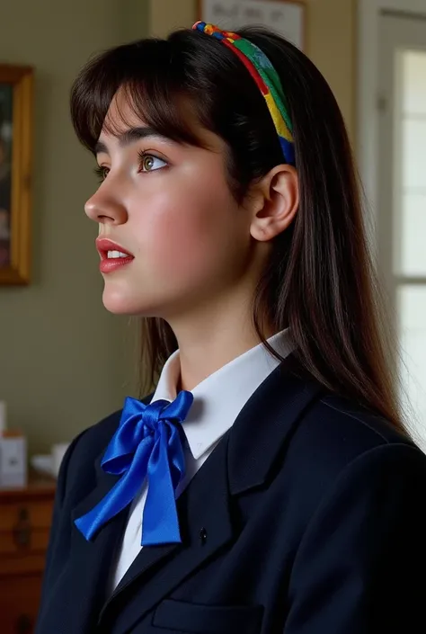 (masterpiece, best quality:1.5), 
1girl, Alone,
waist shot, from the side view, her beautiful profile.,
she closed her eyes., 
She is slightly looking up and her glossy lips sensually opened.,
she wears a tidy dark blue blazer school uniform and white shir...