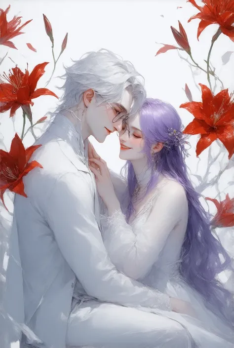 /imagine A study in contrasts: A Korean man with disheveled, two-toned white hair sits rigidly on a chitose chair, his expression blank and cold.  Behind him, a beautiful Korean woman with long, flowing purple hair and minus glasses offers comfort, her han...