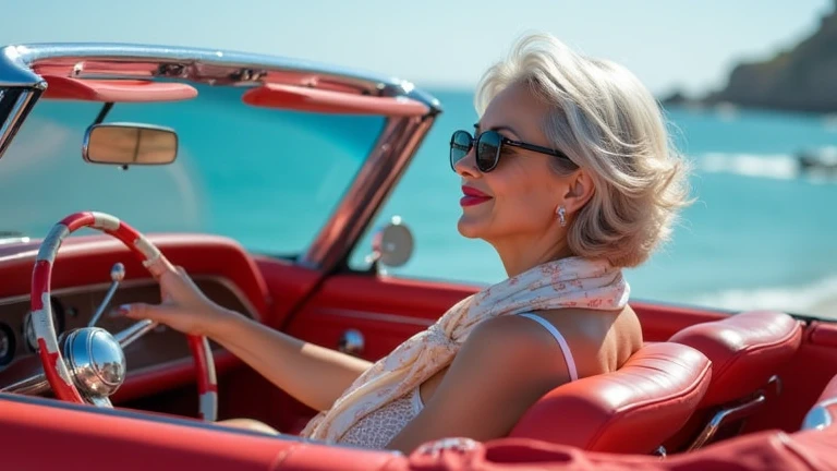 Luxurious lady in a convertible
Elegant old 75 year old woman with lush silver hair and bright red lipstick sits behind the wheel of a luxurious red convertible. She wears sunglasses and a silk scarf with lacy lingerie that flutters in the wind. The view f...