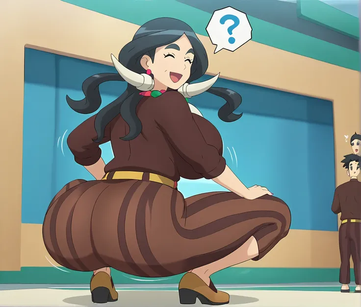 masterpiece,score_9, score_8_ up, score_7_ up, ANIMATION SCREENSHOTS,Drasna,eyes closed,black hair,open mouth,huge juicy breasts,mature woman,necklace,Yellow Belt, Vertical striped skirt, Brown shirt, Long Sleeve,thick eyebrows,alone, smile,big ass,whole b...