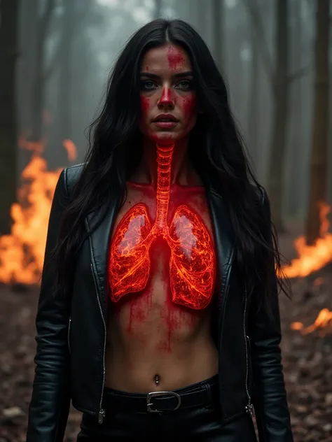 Beautiful woman with long dark hair, opened chest to see lungs of fire,red paint covering her face and neck, burning forest background,dressed in dark leather pants, leather jacket,realistic photography,industrial art,dark ambient art,dark surrealism, dark...